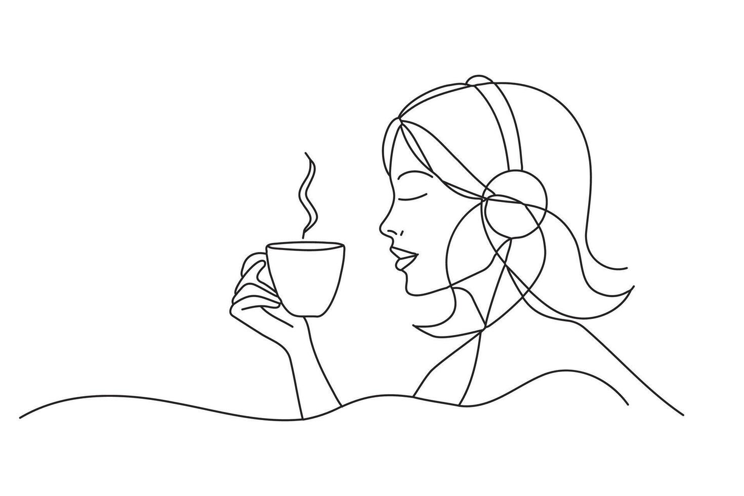 Woman drinking coffee while putting on an earphone to listen to music One line continuous line art illustration on white background. vector