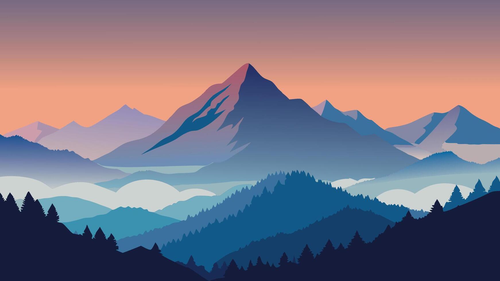 Mountain range enveloped in fog and clouds, showcasing nature's serene beauty and majestic landscapes flat illustration vector