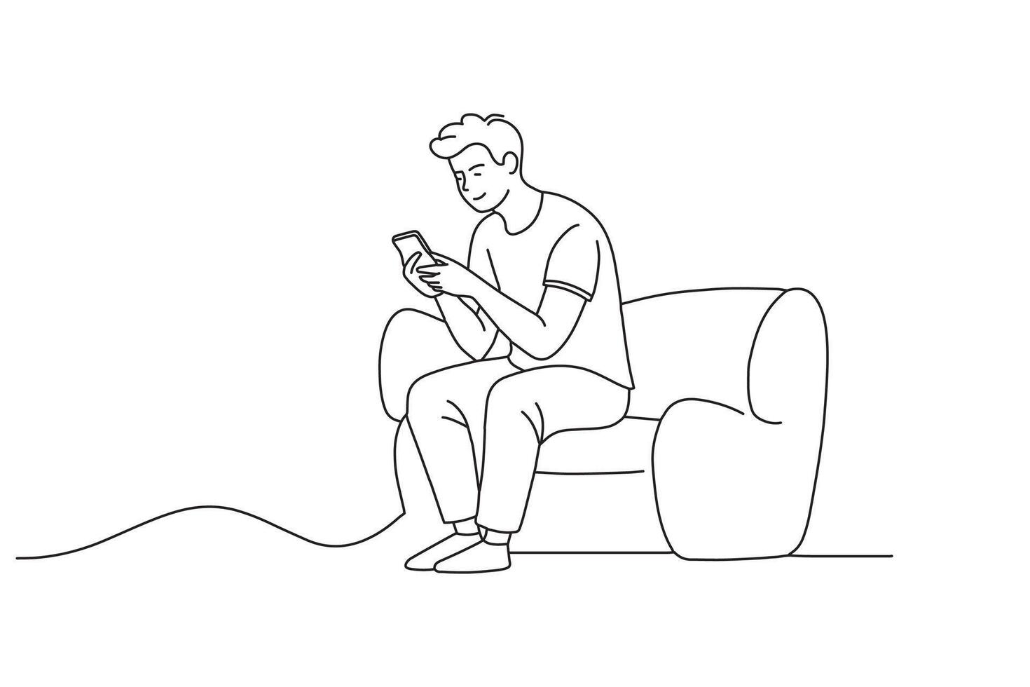 The young man is sitting on the sofa checking the message on his cell phone One line continuous line art illustration on white background. vector