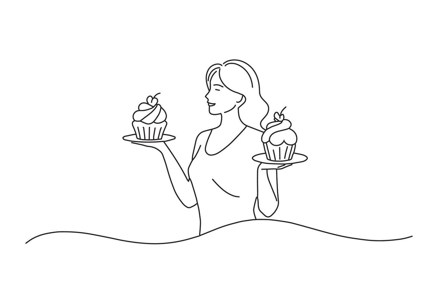 Women Holding Sweets. No sugar One line continuous line art illustration on white background vector