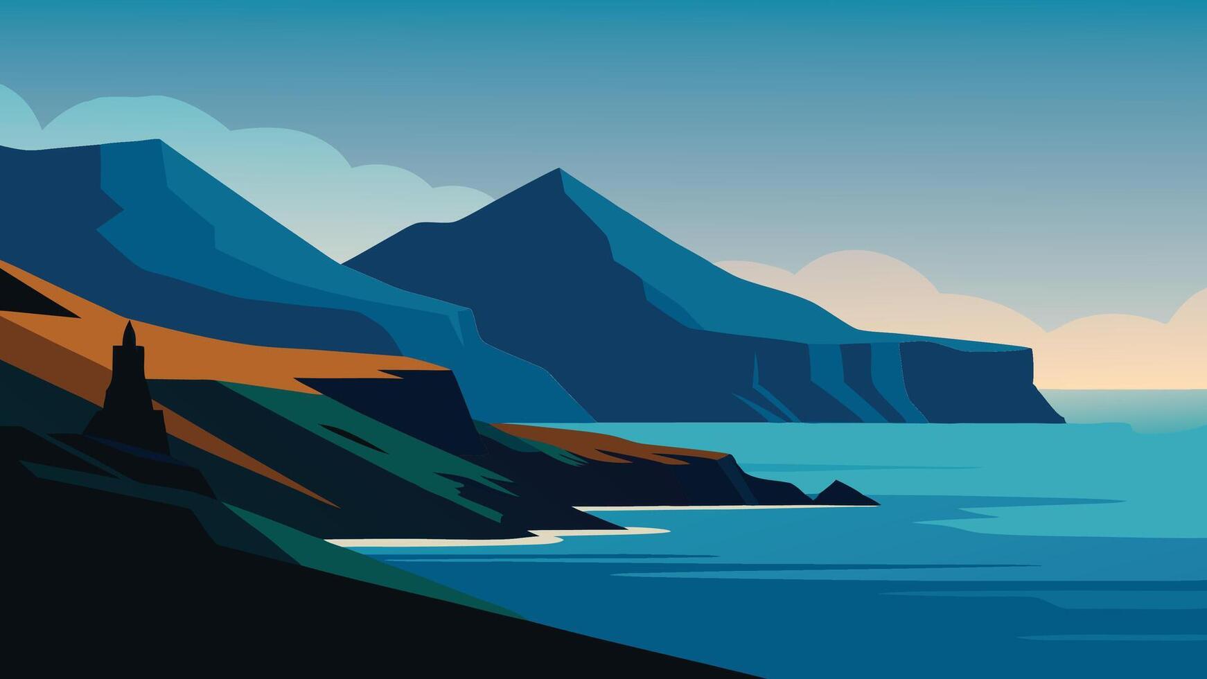 view of the Faroe Islands, showcasing their rugged landscapes and dramatic coastal cliffs flat illustration vector