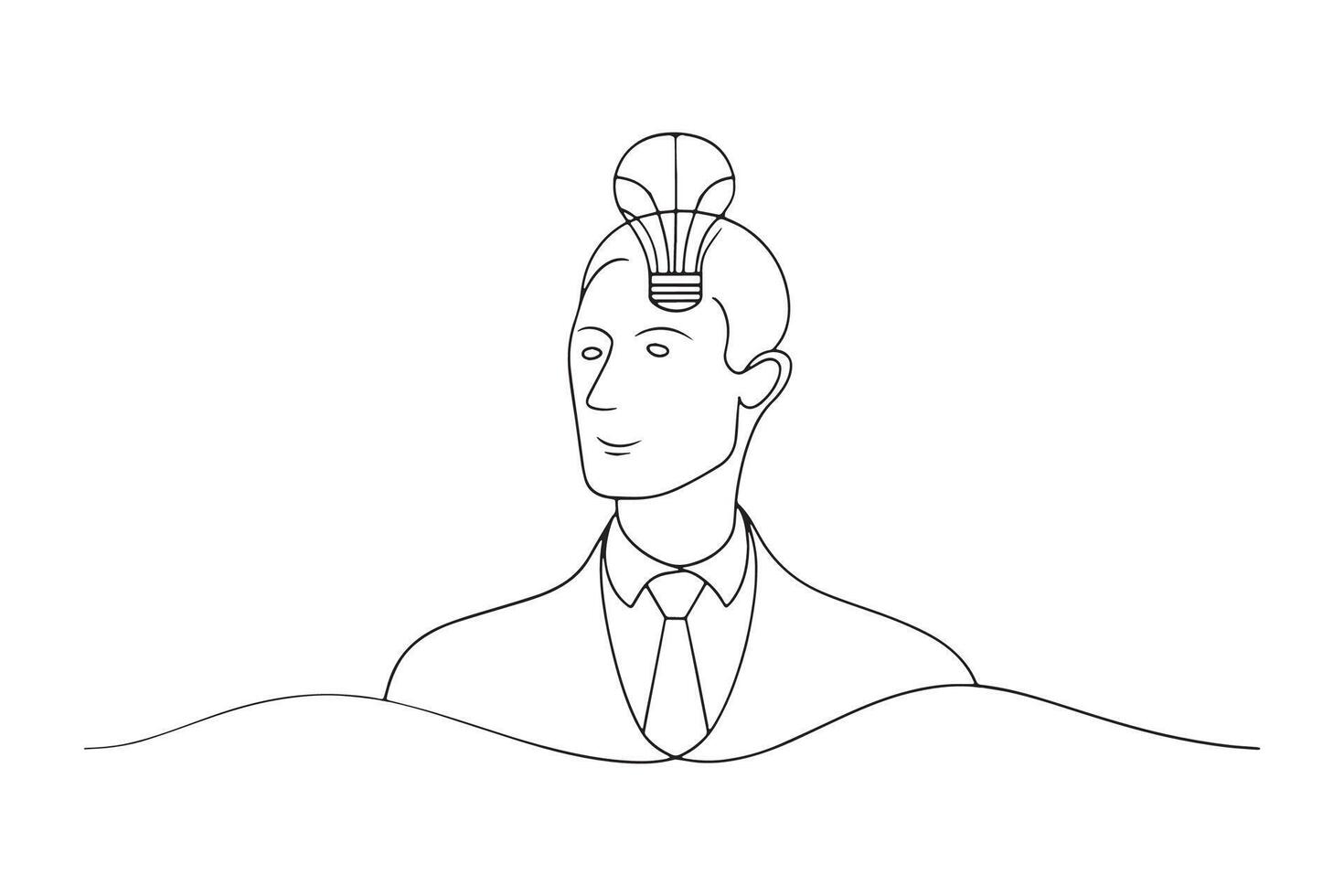 A Business man with lightbulb in the open heads One line continuous line art illustration on white backgroun vector