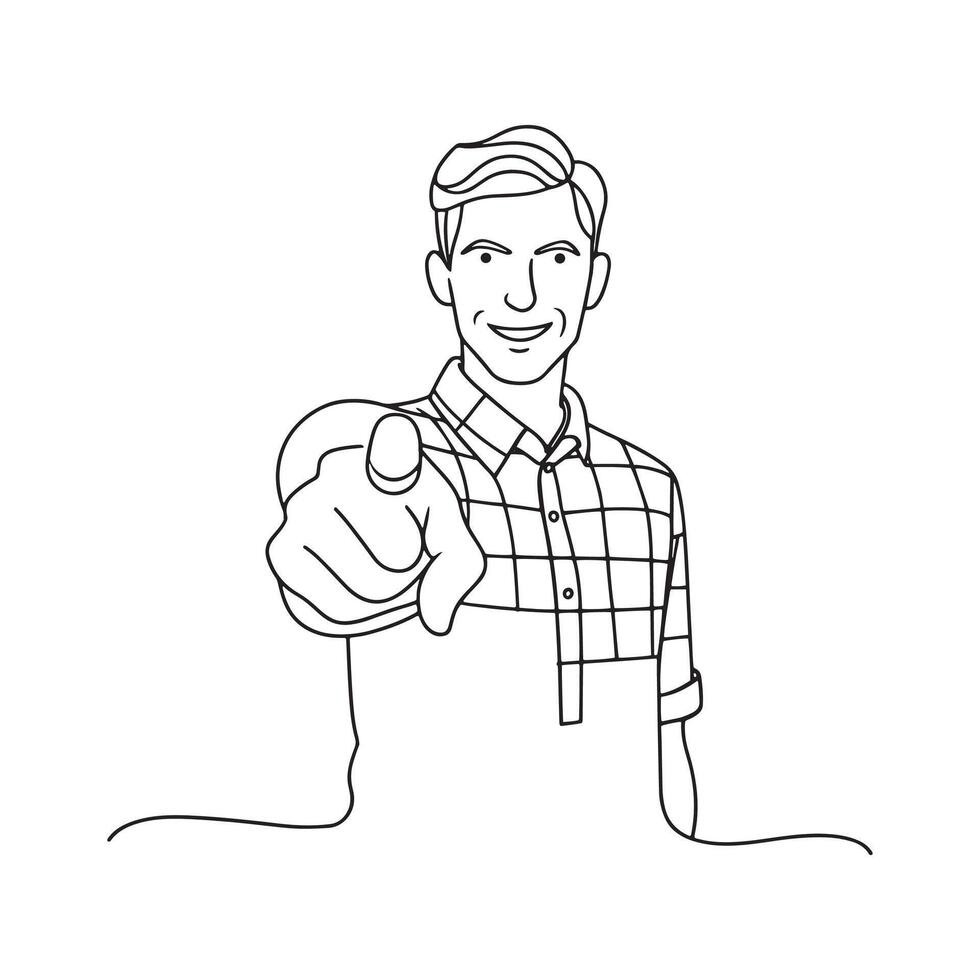 Man in checkered shirt pointing fingers at camera line art flat illustration. vector