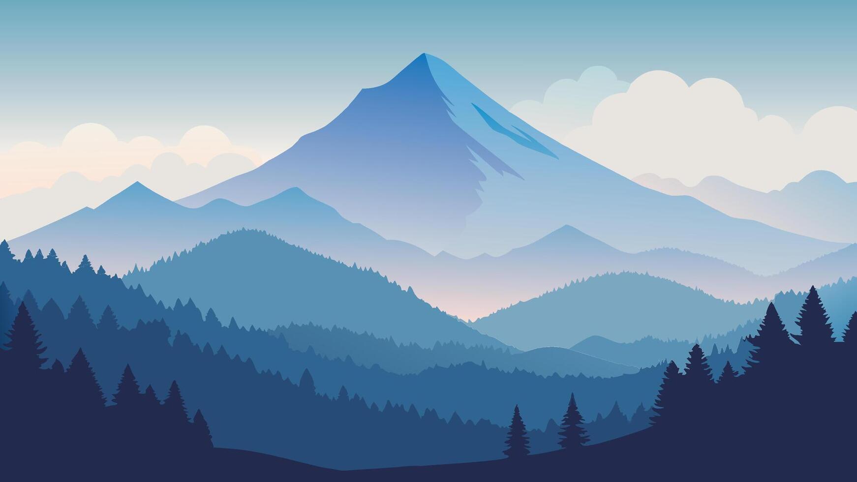 A misty mountain landscape, where fog blankets the peak and trees thrive, presenting a captivating and ethereal scene flat illustration vector