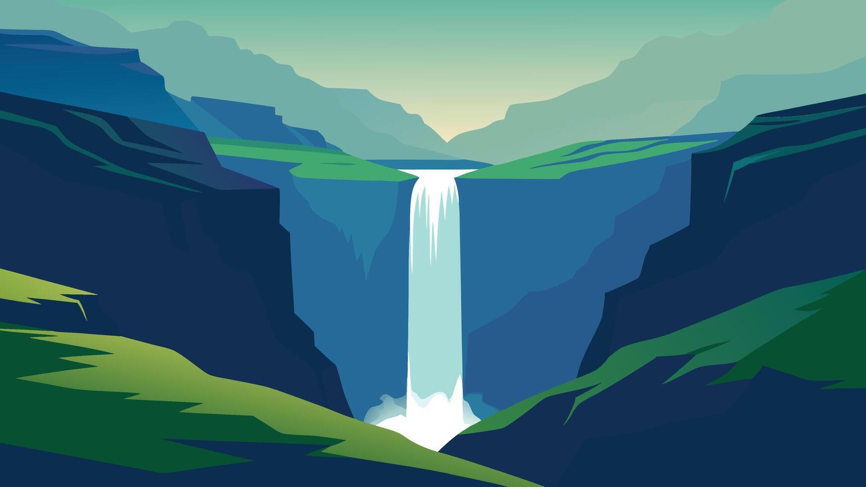A stunning Icelandic waterfall cascading down rocky cliffs, surrounded by lush greenery and dramatic landscapes flat illustration vector