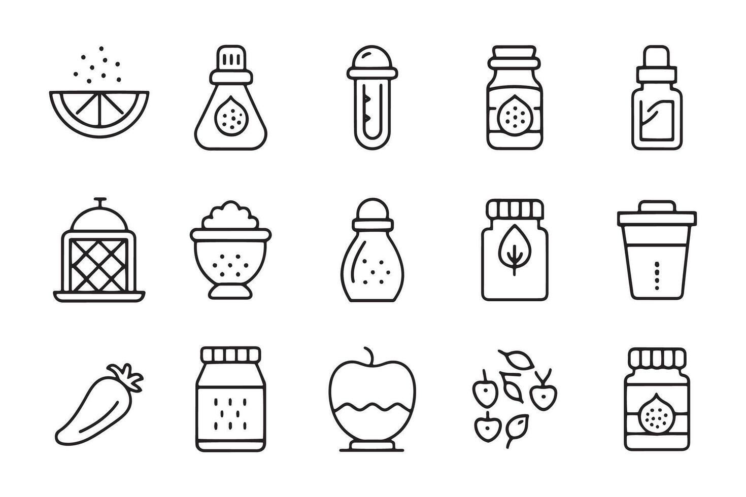 Sodium, pepper, condiment related 15 pcs icons set isolated on white background flat illustration. vector