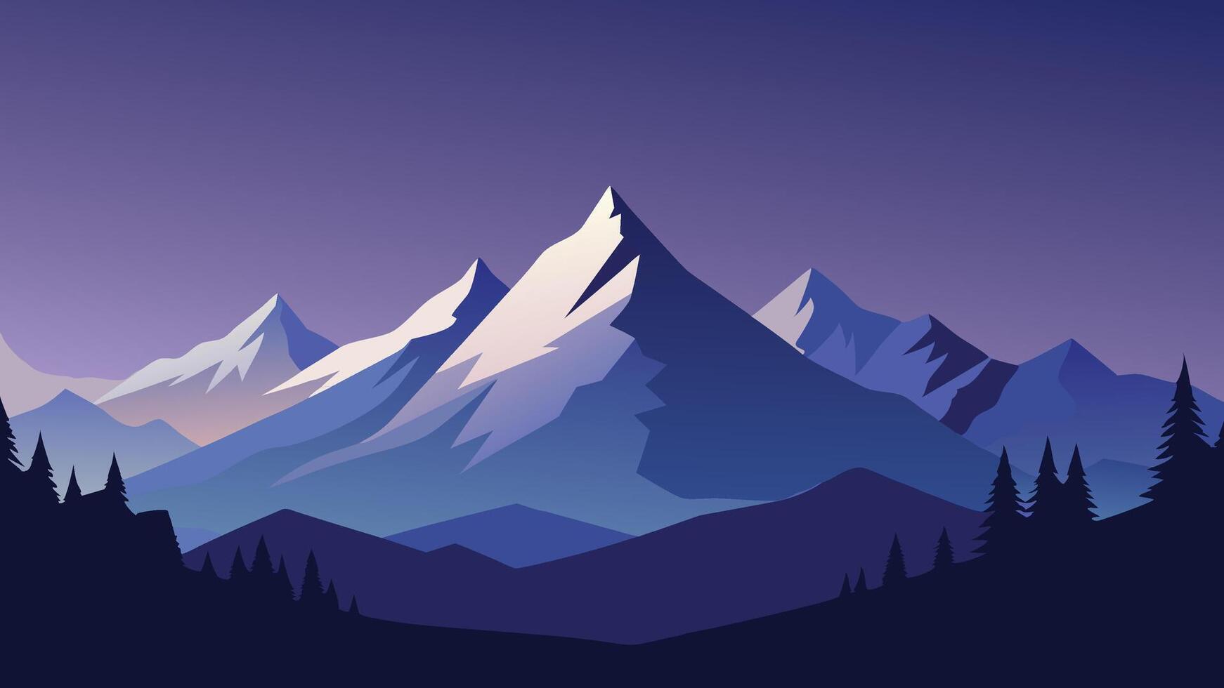 Mountain scene at night, showcasing a luminous moon and twinkling stars above the rugged terrain flat illustration vector