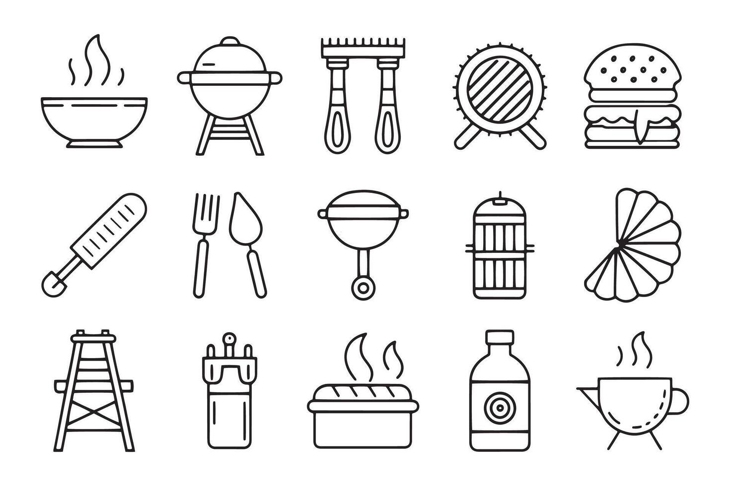 BBQ and grill related 15 pcs icons set isolated on white background flat illustration. vector