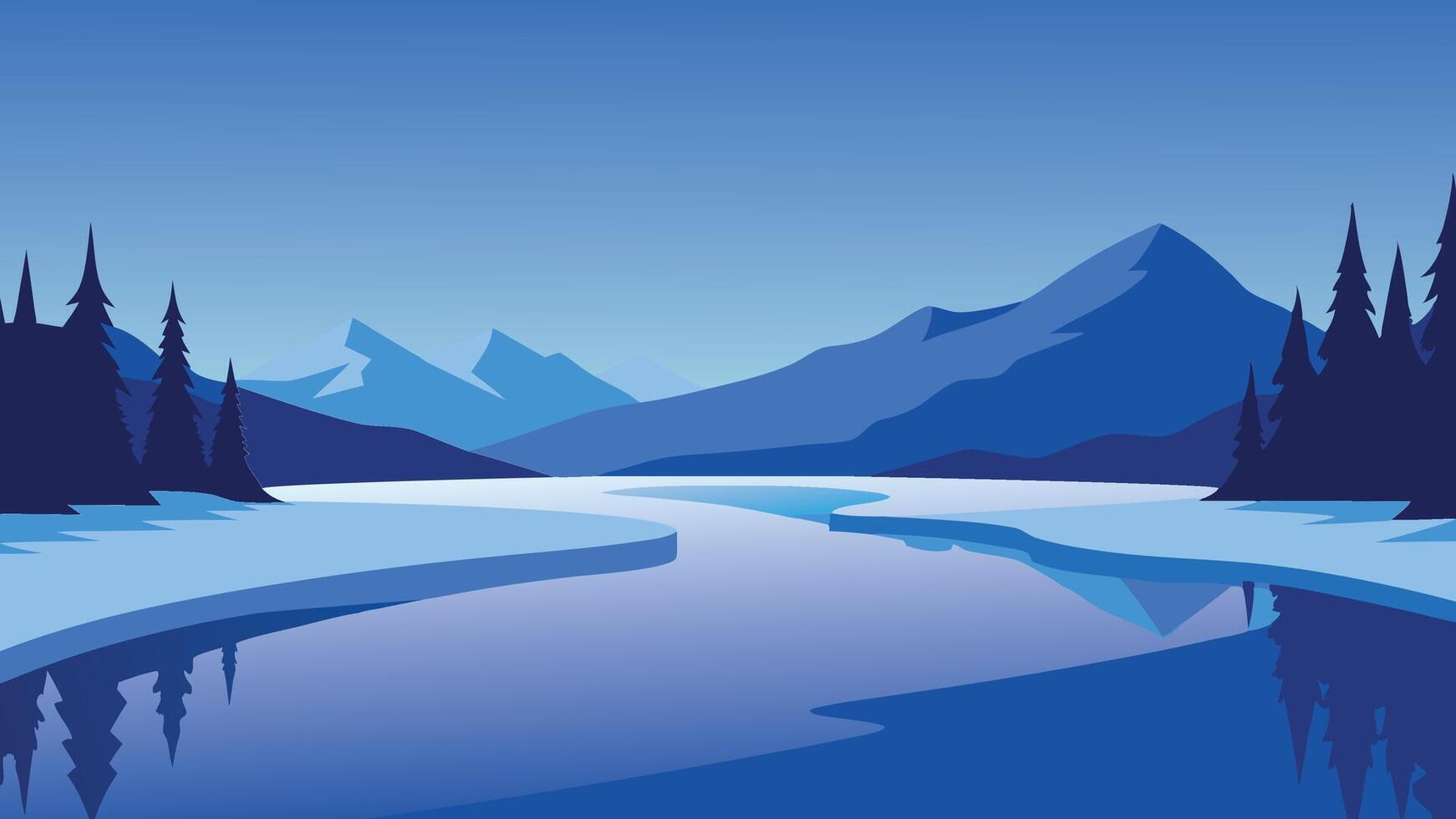 winter landscape featuring a flowing river surrounded by majestic snow-capped mountains under a clear blue sky flat illustration vector