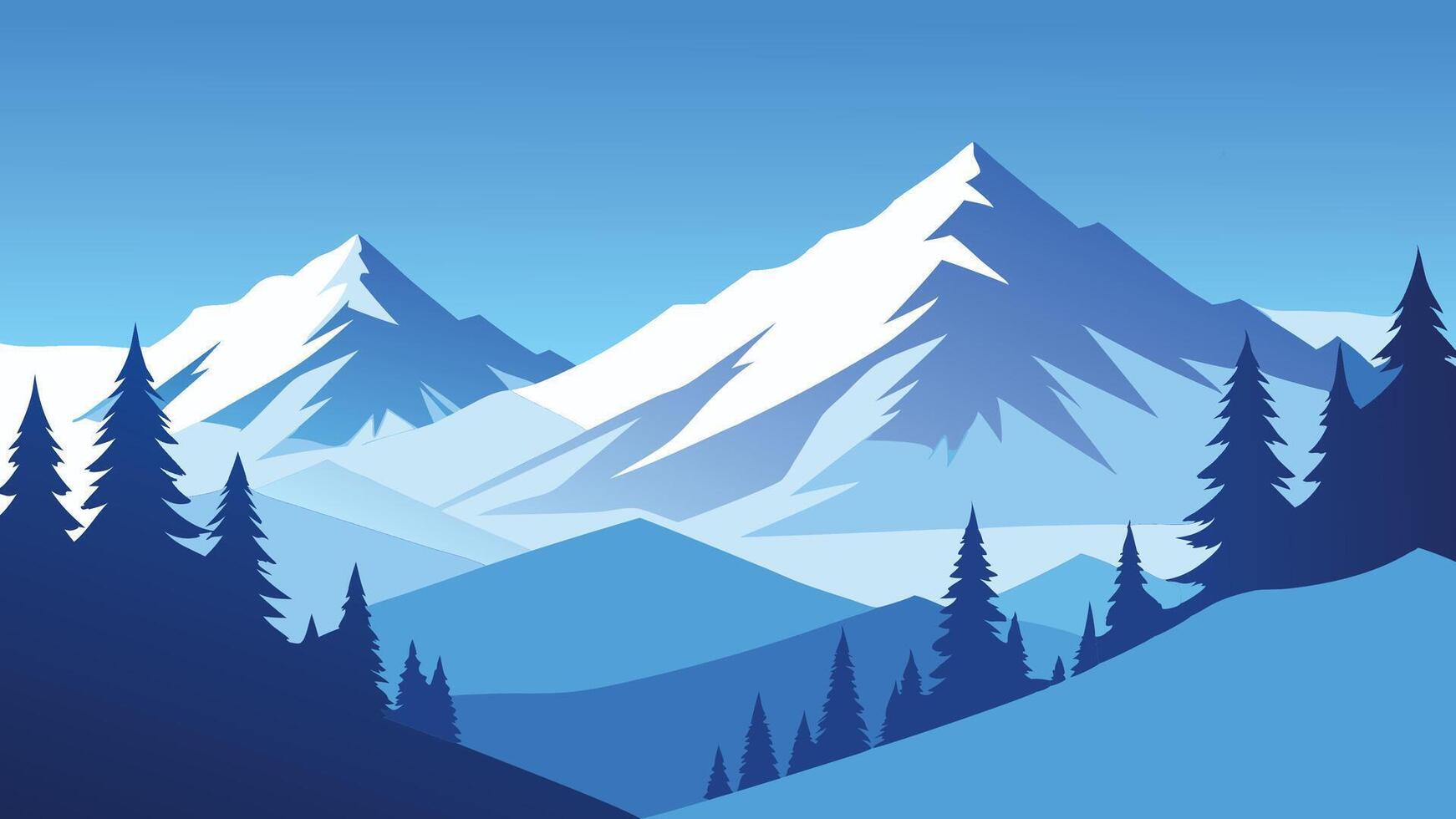 Snow covered trees stand majestically in the mountains, creating a serene winter landscape under a clear blue sky flat illustration vector