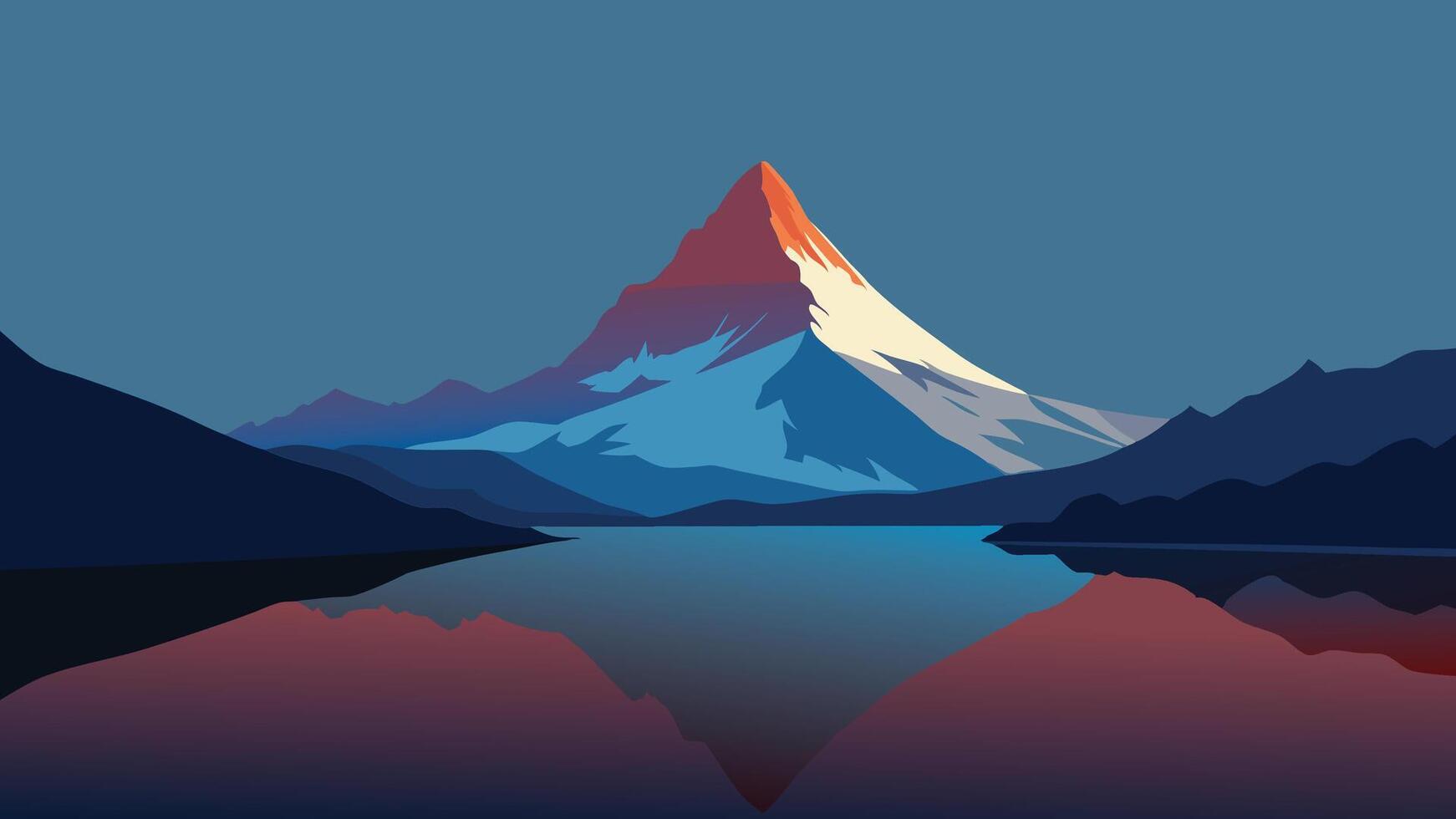 A serene mountain range under a starry sky, illuminated by a bright moon, creating a tranquil nighttime landscape flat illustration. vector