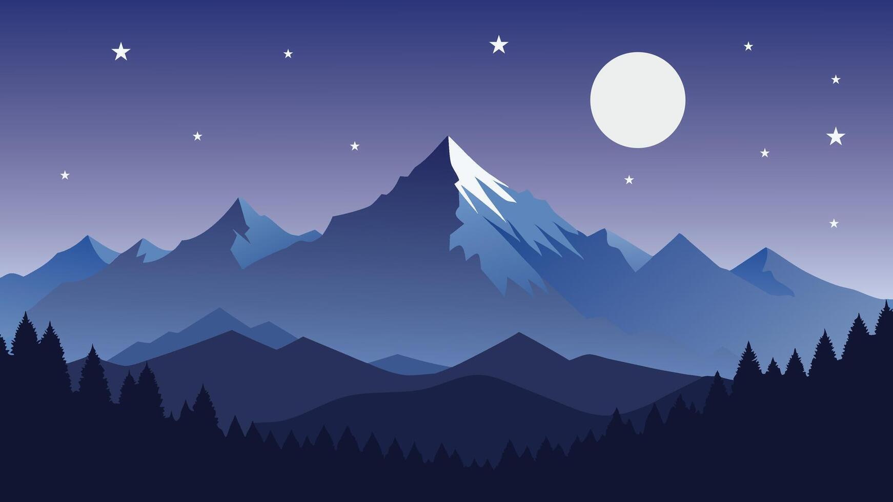 Full moon in night sky in the winter mountains flat illustration vector
