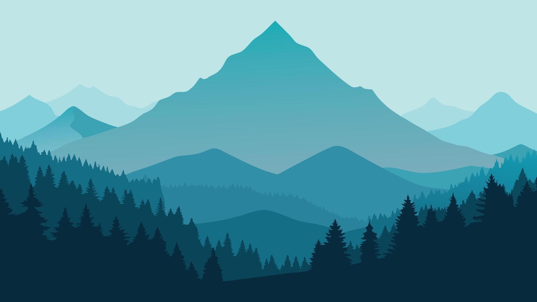 A mountain enveloped in fog, featuring a dense canopy of trees at its peak, evoking a tranquil and mysterious atmosphere flat illustration vector
