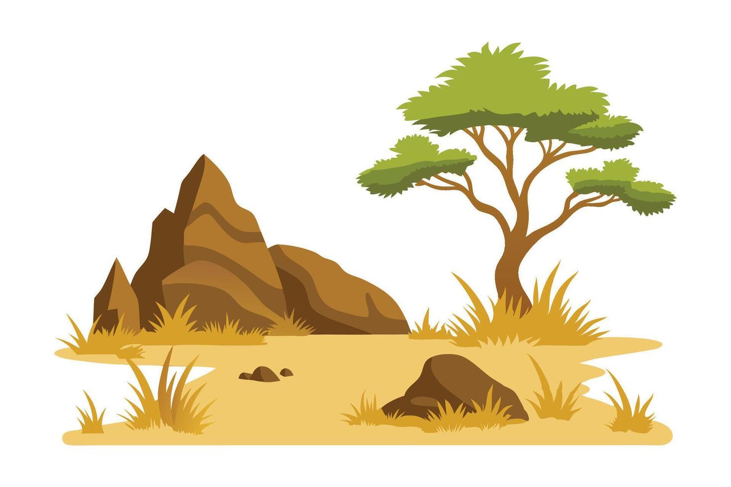 Savanna landscapes with faded grass and rocks flat illustration on white background vector