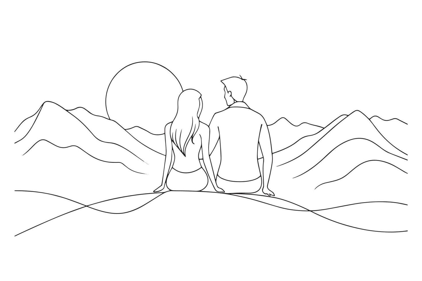 Romantic couple watch, look sunset at mountain top One line continuous line art illustration on white background vector
