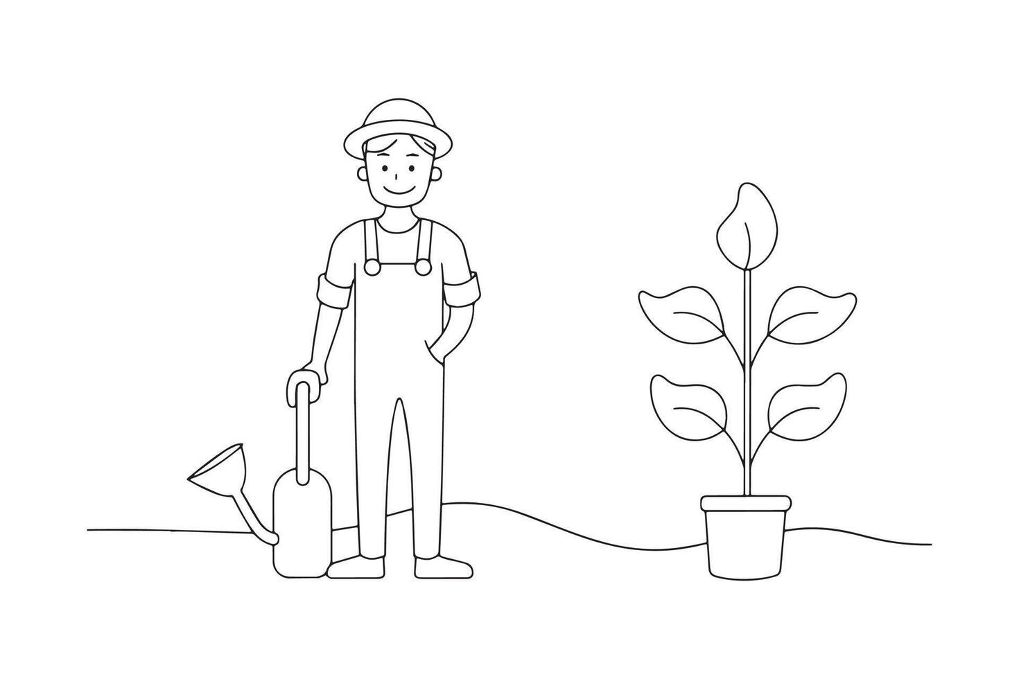 Farming, gardening and people concept - happy young man One line continuous line art illustration on white background vector