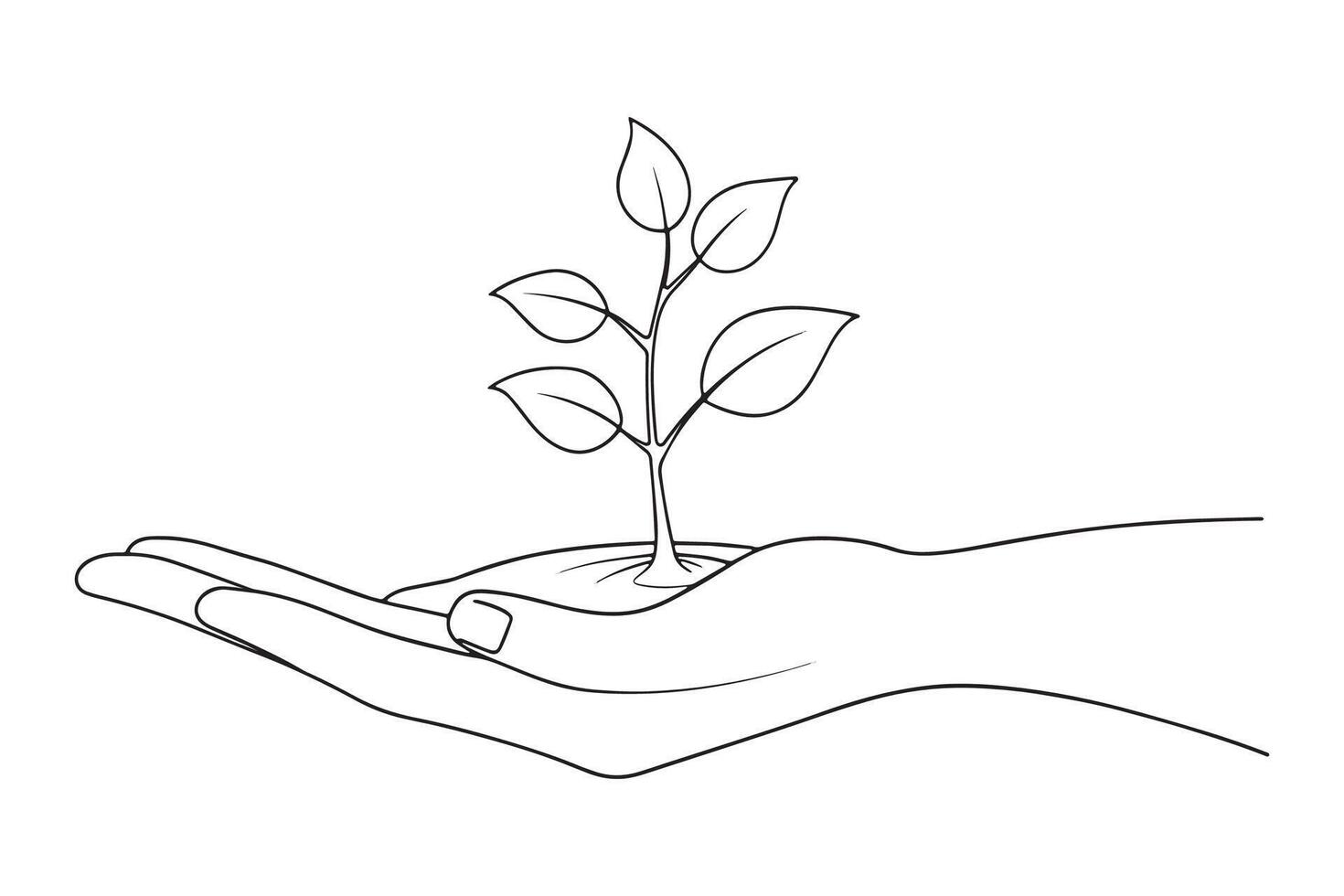 A hand gently cradles a small plant featuring a vibrant green stem, symbolizing growth and nurturing One line continuous line art illustration on white background vector