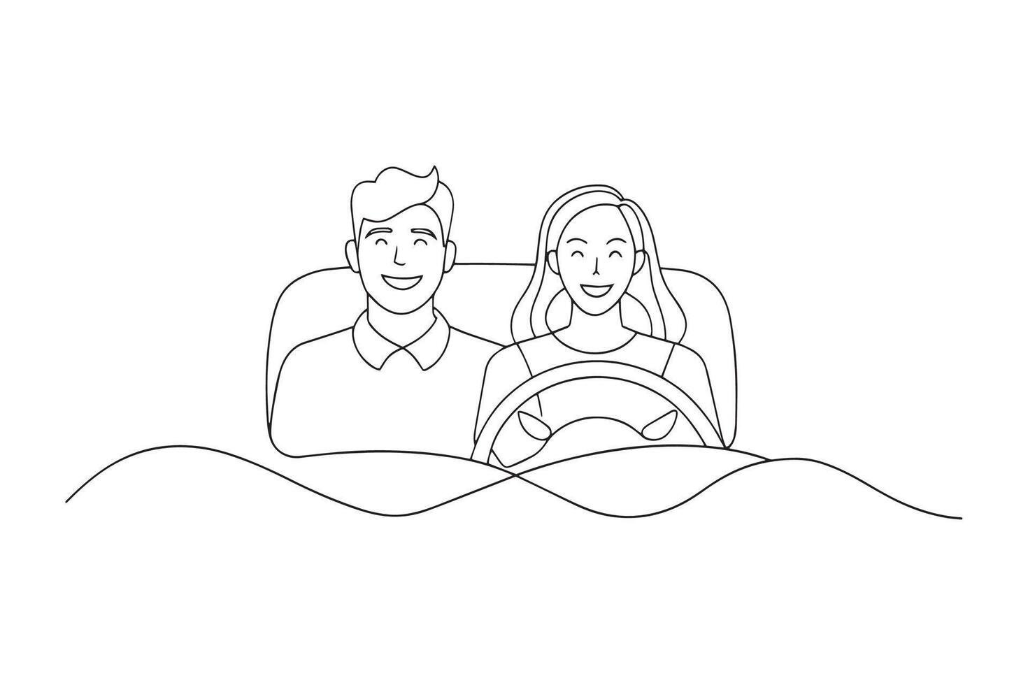 Young couple in his car, happy to drive on road One line continuous line art illustration on white background. vector