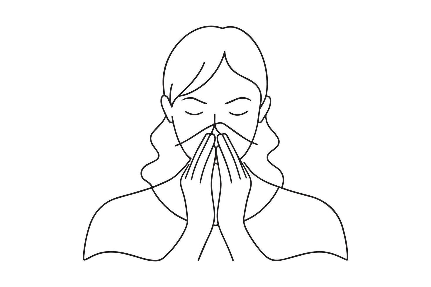 Woman sick and sad with sneezing on nose and cold cough on tissue paper because influenza and weak or virus bacteria One line continuous line art illustration on white background vector