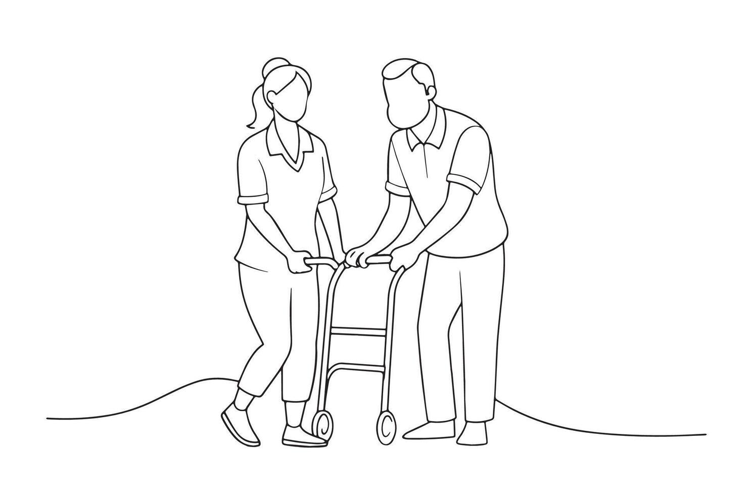 Happy female caretaker assisting senior man in using Zimmer frame at nursing hospital. One line continuous line art illustration on white background vector