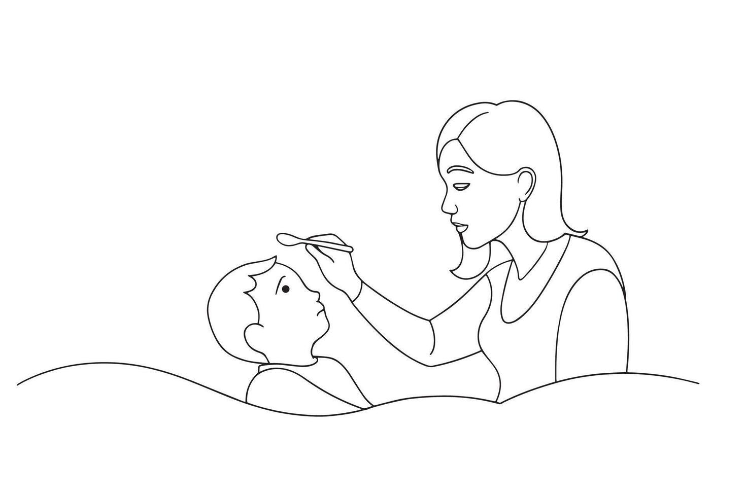 Mother strokes her son's hair One line continuous line art illustration on white background vector
