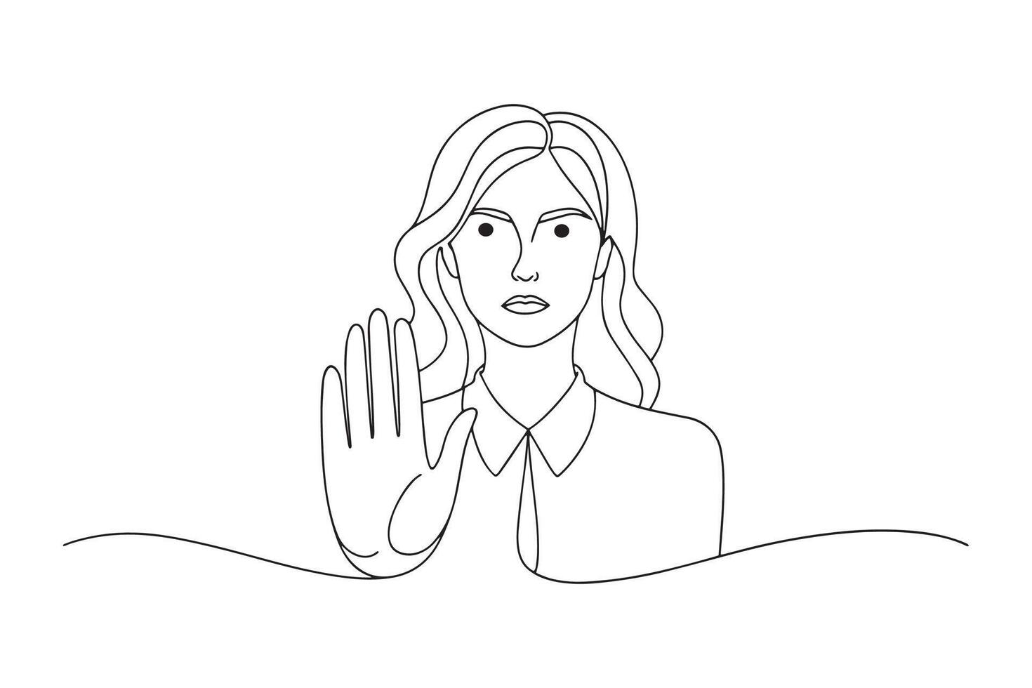 Oh no, stop there. Serious beautiful woman rejects offer One line continuous line art illustration on white background. vector
