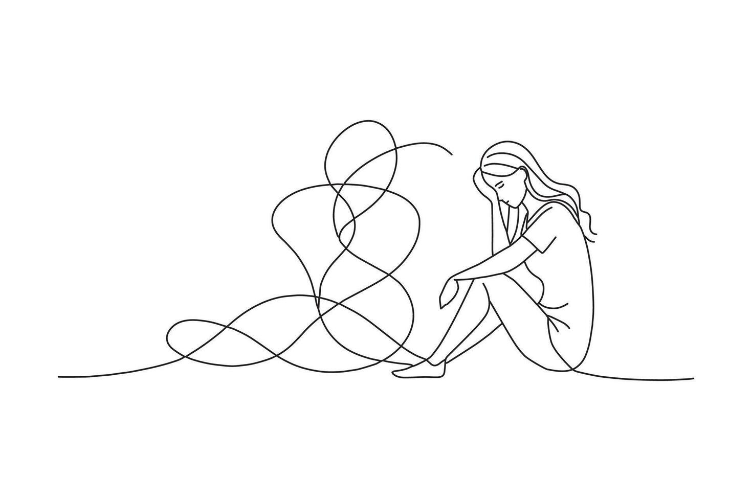 Woman with depression One line continuous line art illustration on white background. vector