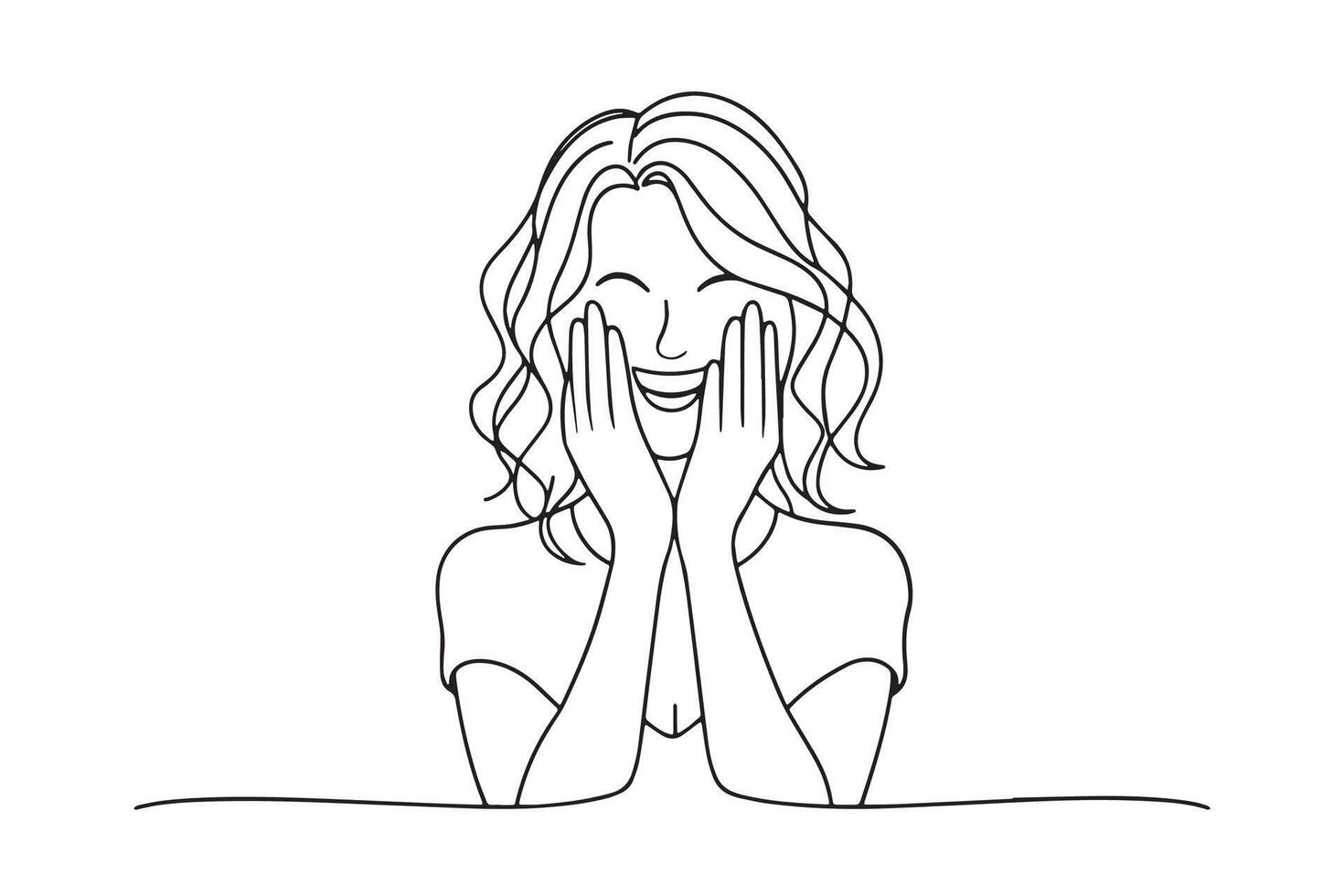 Playful shy woman hiding face laughing timid One line continuous line art illustration on white background. vector
