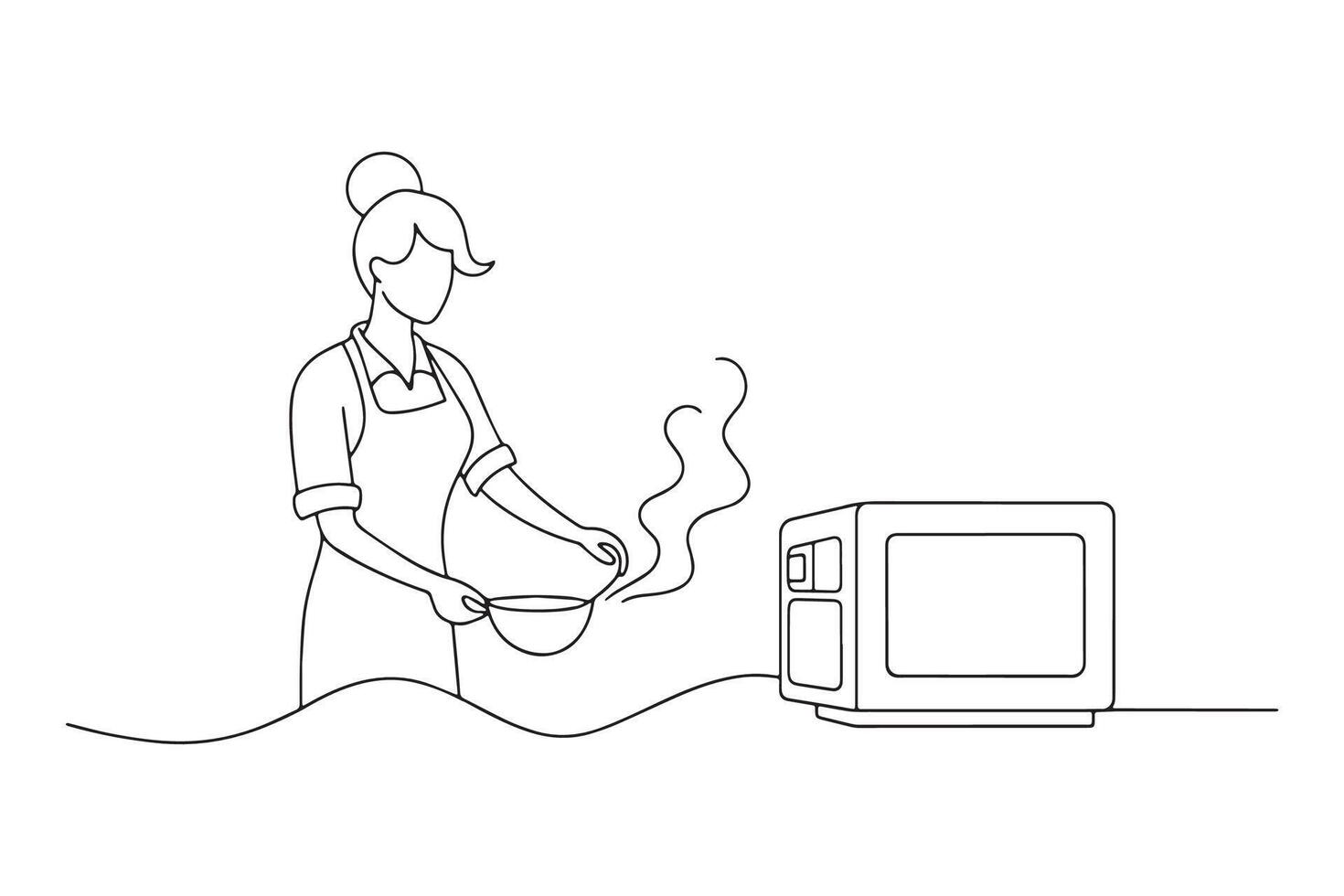 Woman cooking with a microwave in a modern kitchen. One line continuous line art illustration on white background vector