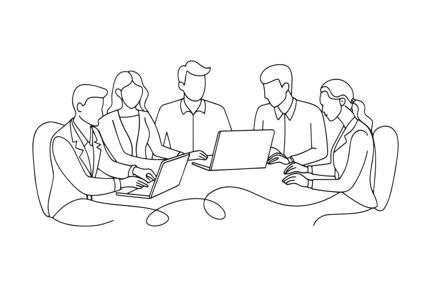 Meeting, coworking, teamwork, training, analysis, business concept One line continuous line art illustration on white background. vector