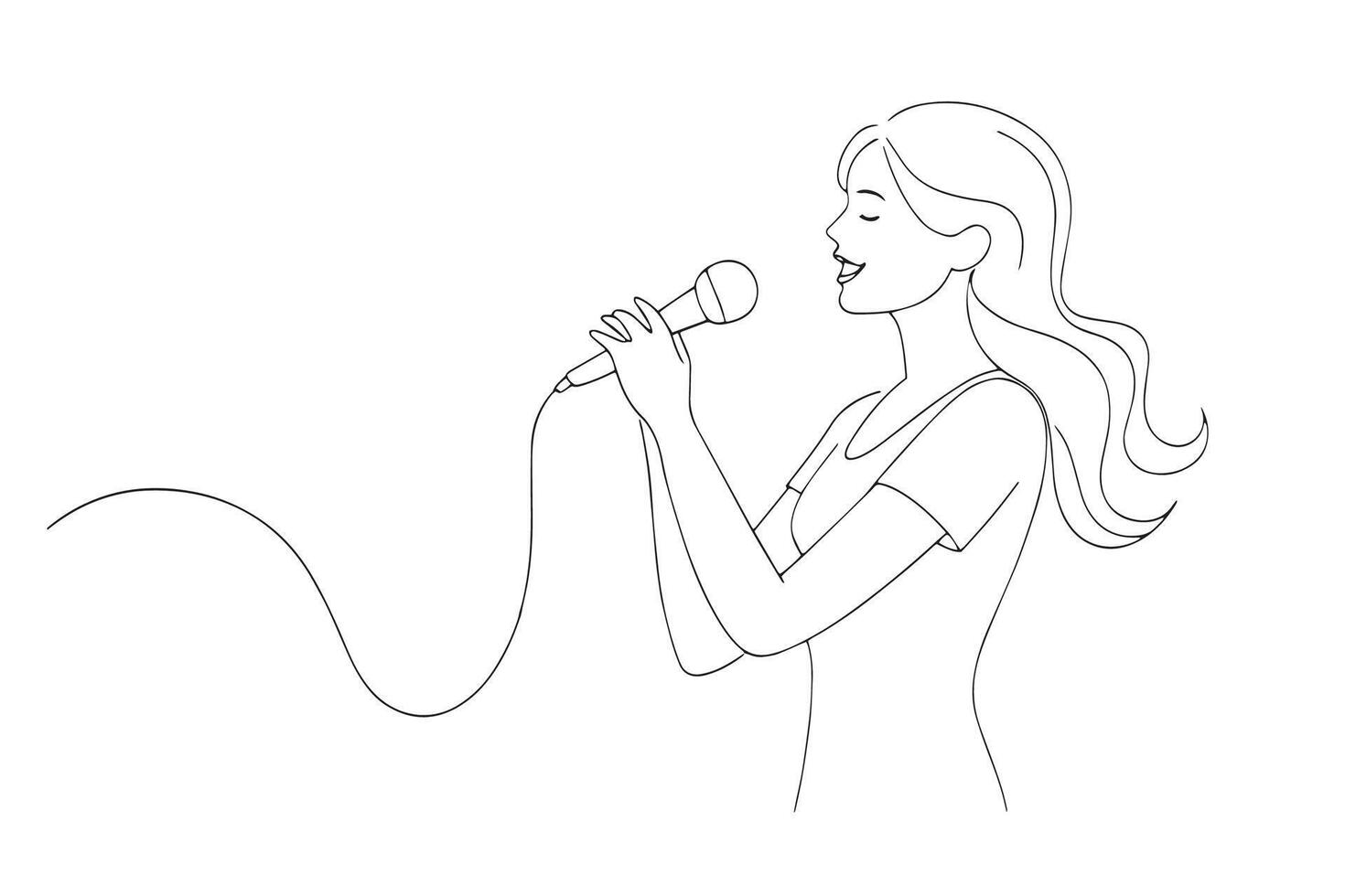 On air. young woman with microphone in studio One line continuous line art illustration on white background. vector