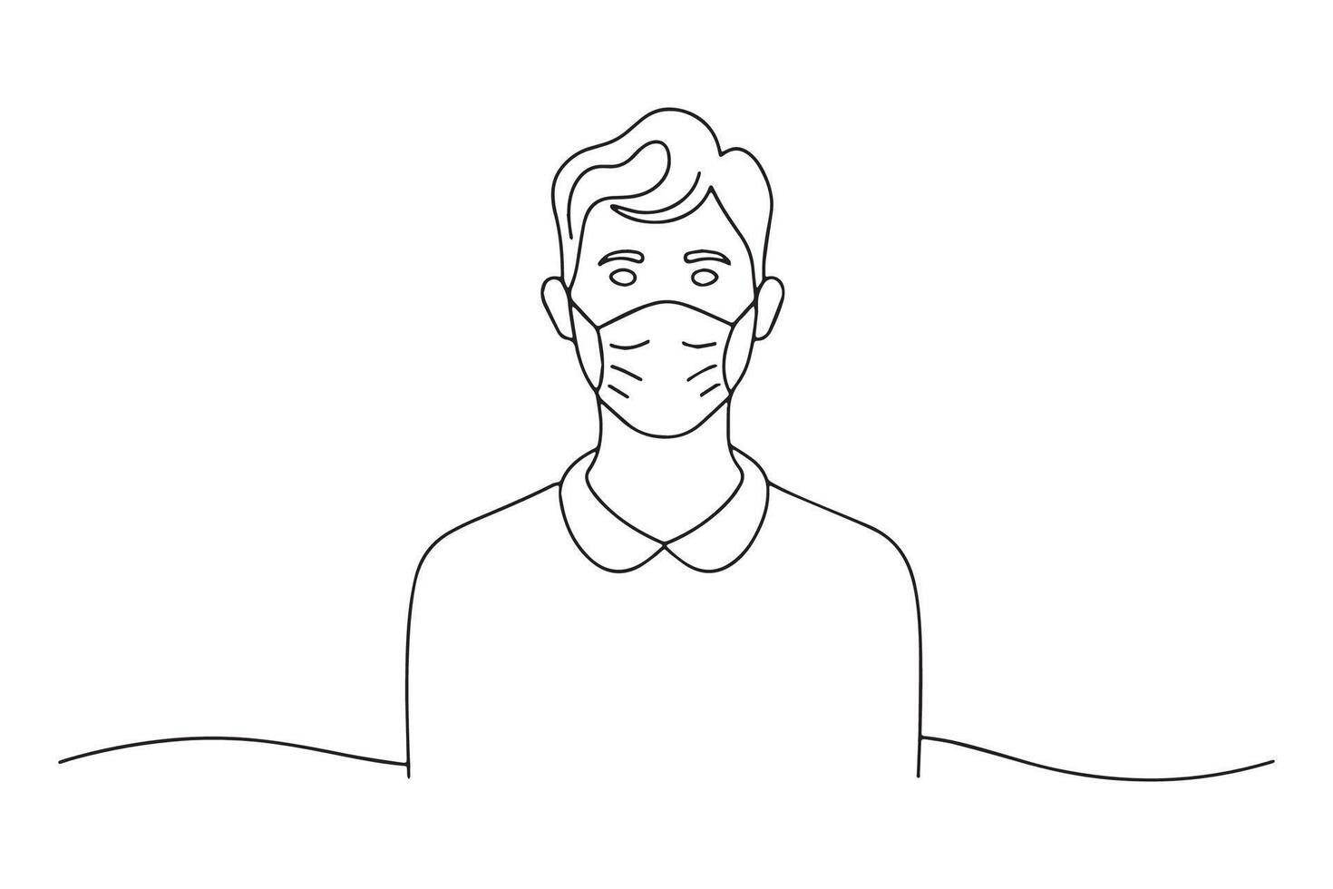 Young man with white shirt wearing a mask One line continuous line art illustration on white background vector