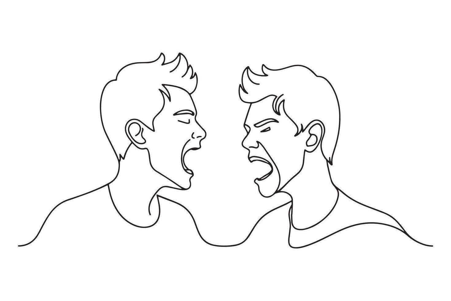 Two teenage boys screaming at each othe One line continuous line art illustration on white background vector