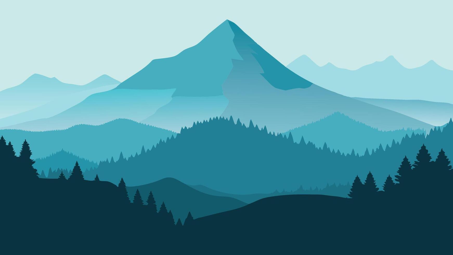 Beautiful Scenic view of a mountain range adorned with lush trees, showcasing the beauty of nature's peaks and valleys flat illustration vector