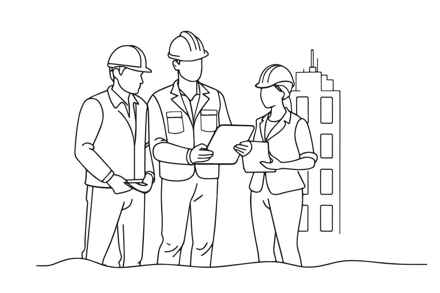 Engineers team watching and checking details on a construction site One line continuous line art illustration on white background vector