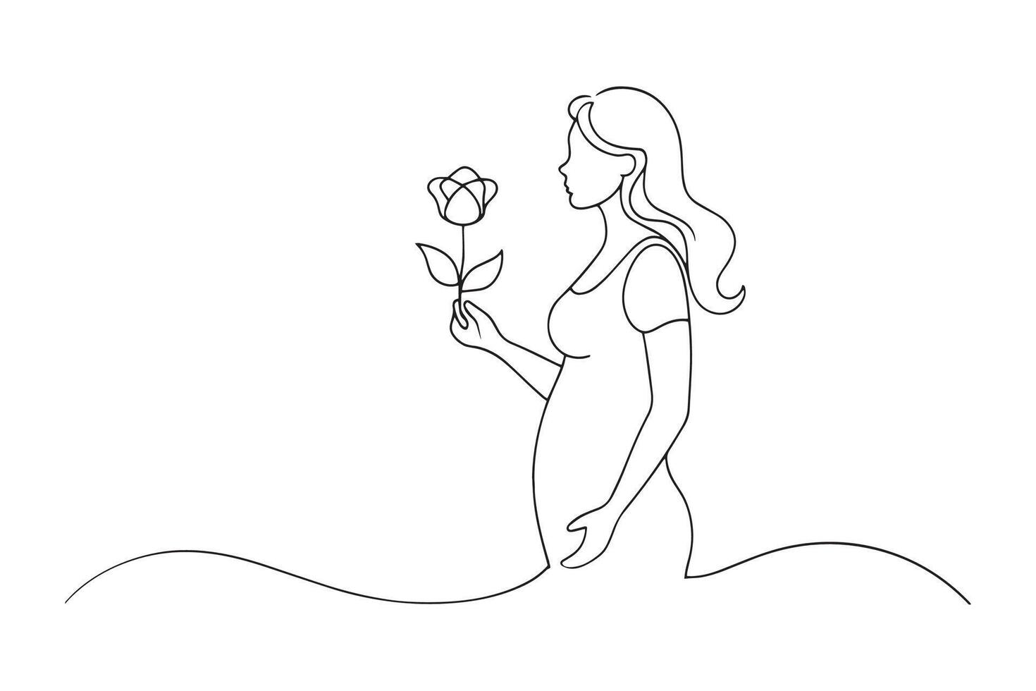 Pregnant woman with flower One line continuous line art illustration on white background vector