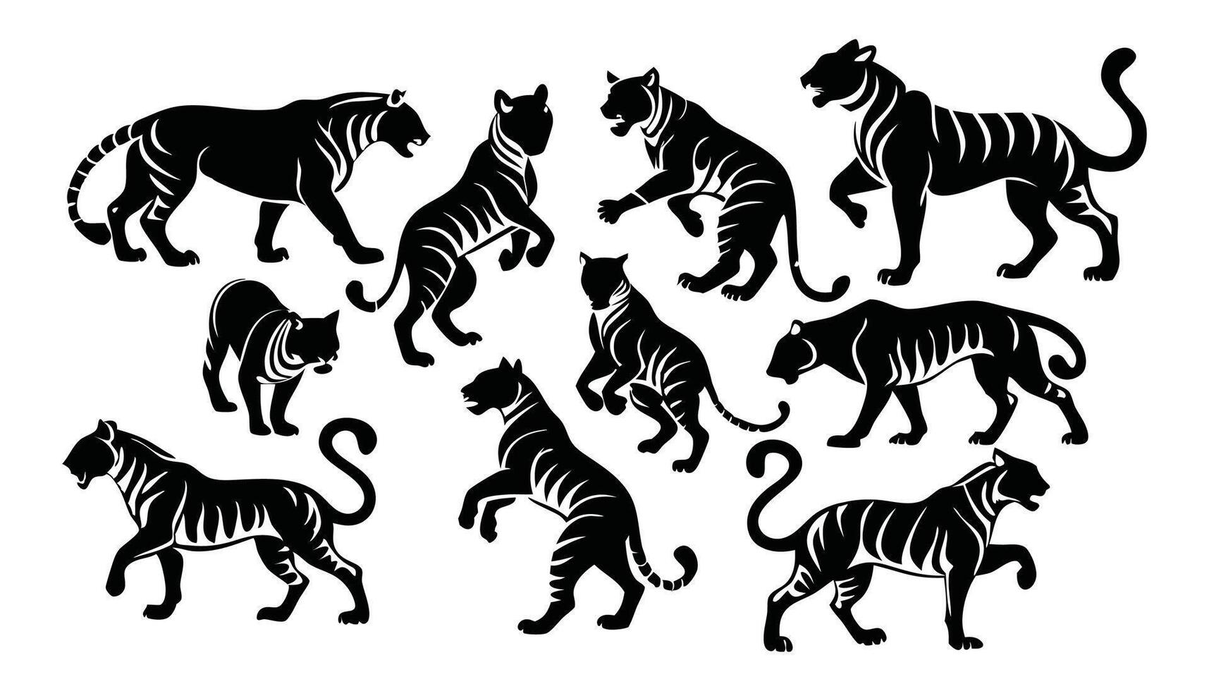 Tiger jump stand walk and other pose black silhouette flat illustration. vector