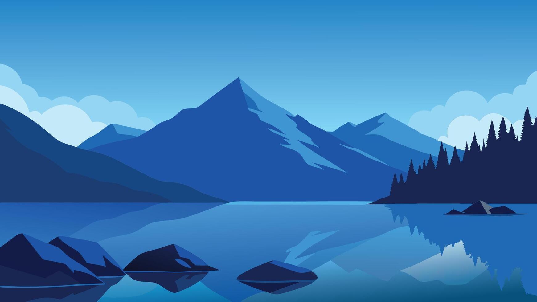 A serene lake surrounded by rocks, with majestic mountains rising in the background under a clear blue sky flat illustration. vector