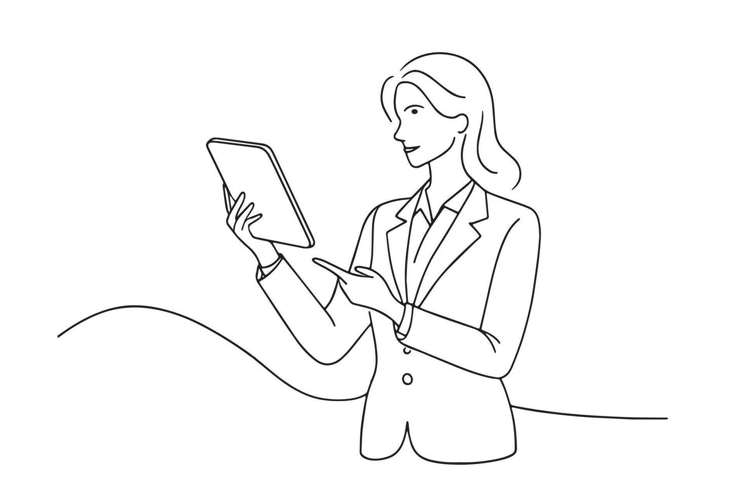 businesswoman analyzing data on his tablet pc and holding up her index finger One line continuous line art illustration on white background vector