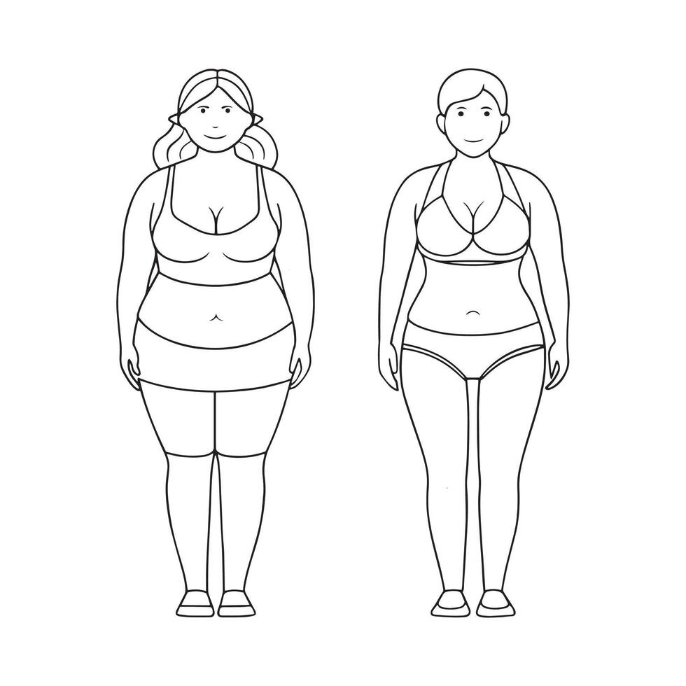 Fat and slim woman before and after weight loss One line continuous line art illustration on white background. vector