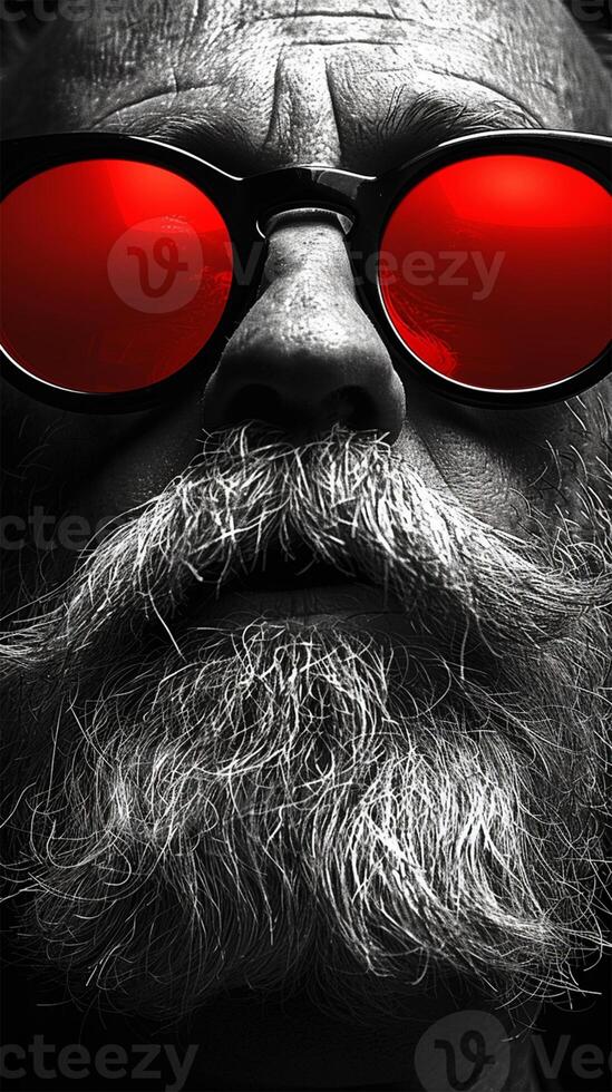 Black and white photo of a bearded man wearing large red sunglasses. Vivid facial details