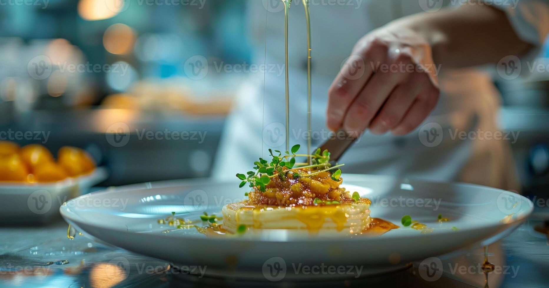 A chef pours honey over a dish in a stylish kitchen, showcasing honey as a culinary ingredient. photo