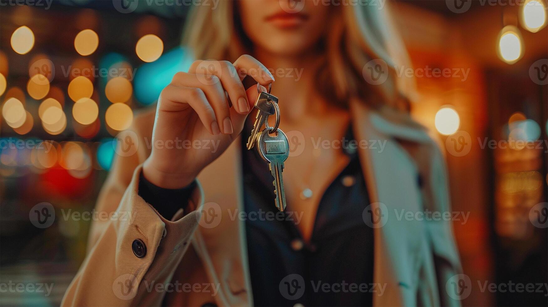 Woman in beige coat holding keys prominently in dimly lit stylish setting with bokeh effect in the background photo