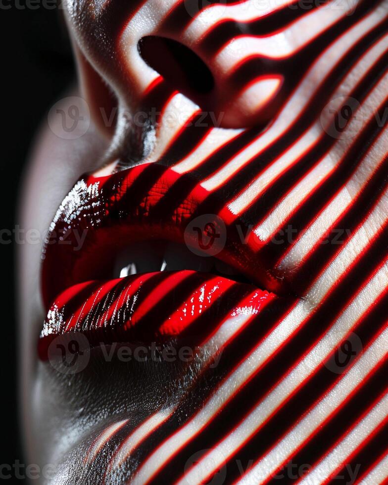 Close-up of shiny red lips in dramatic lighting casting striped shadows on face and makeup. Optical illusion on the face of a woman with bold red lips photo