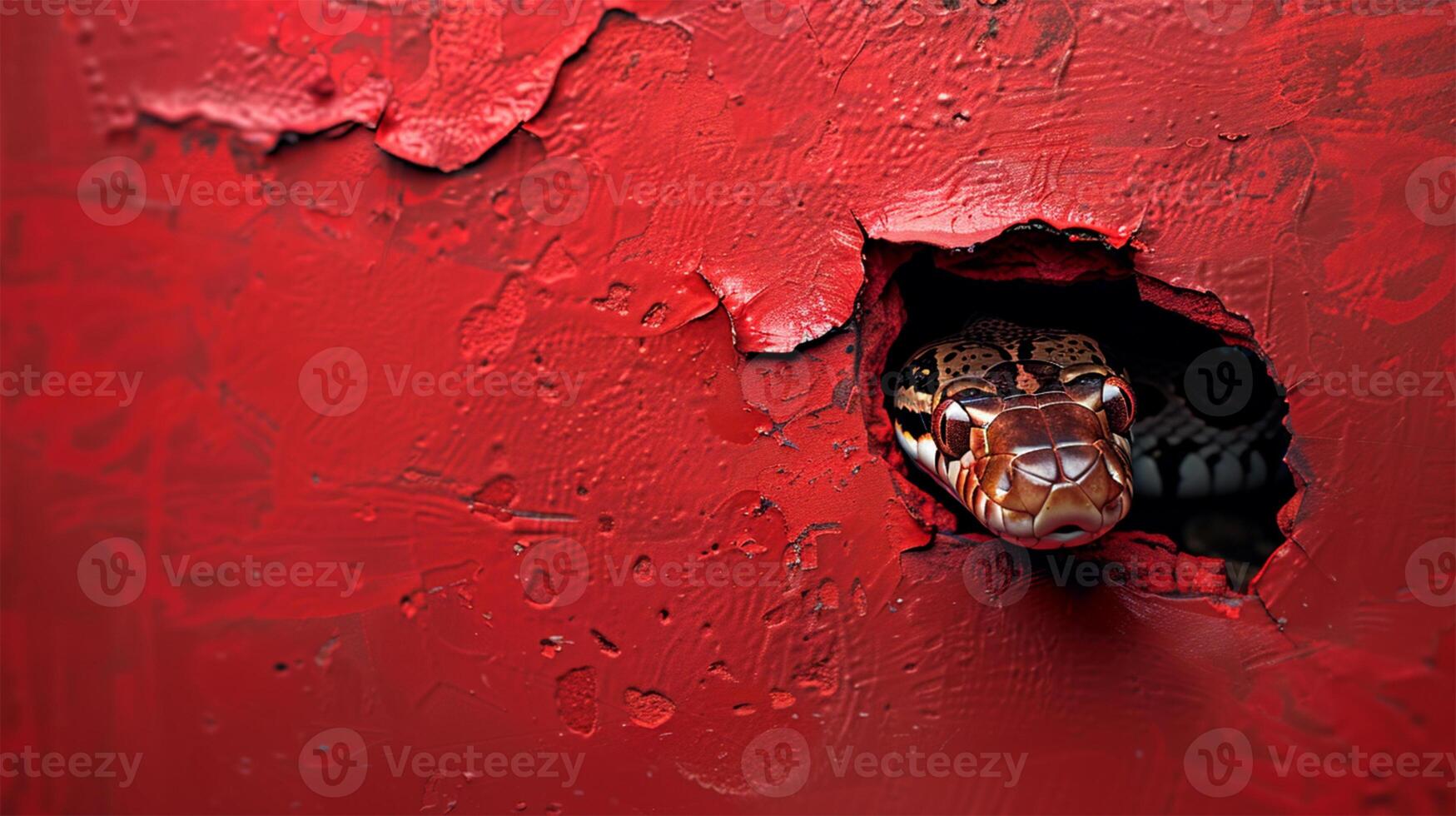 Snake peeking out of a hole in a red textured wall.copy space .symbol of the year photo
