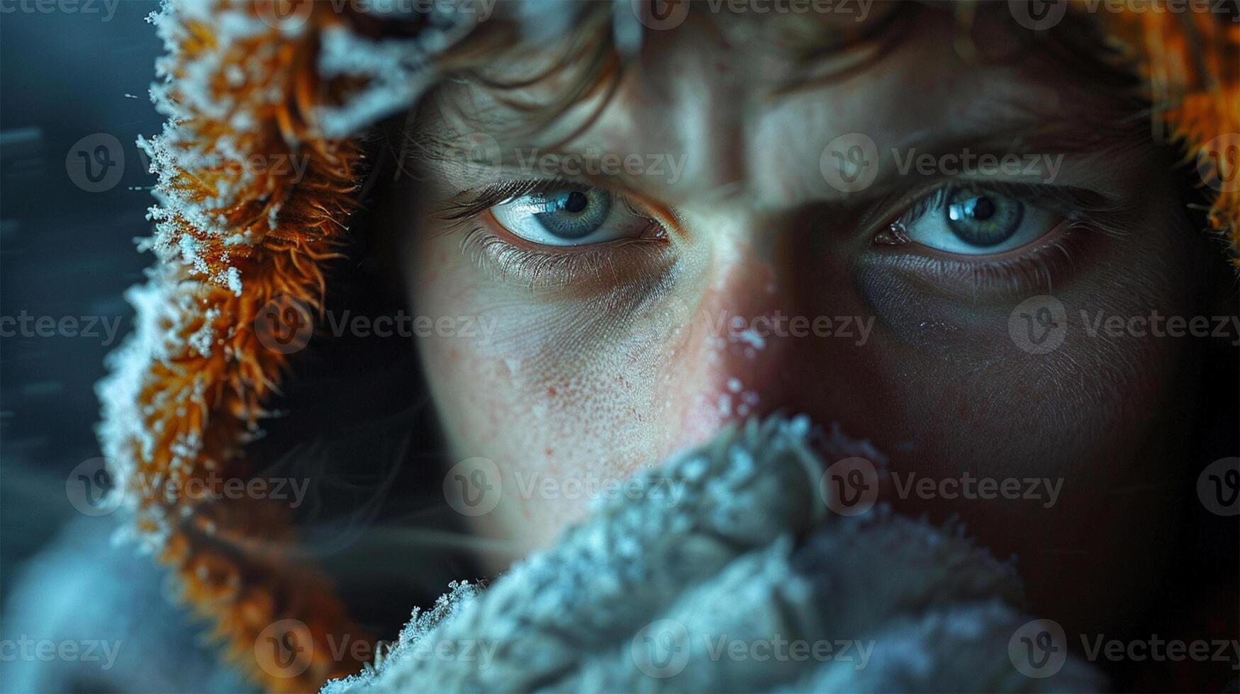 Close-up of a man with icy blue eyes, dressed in winter clothes, with frost on his face emphasizing the extreme cold photo