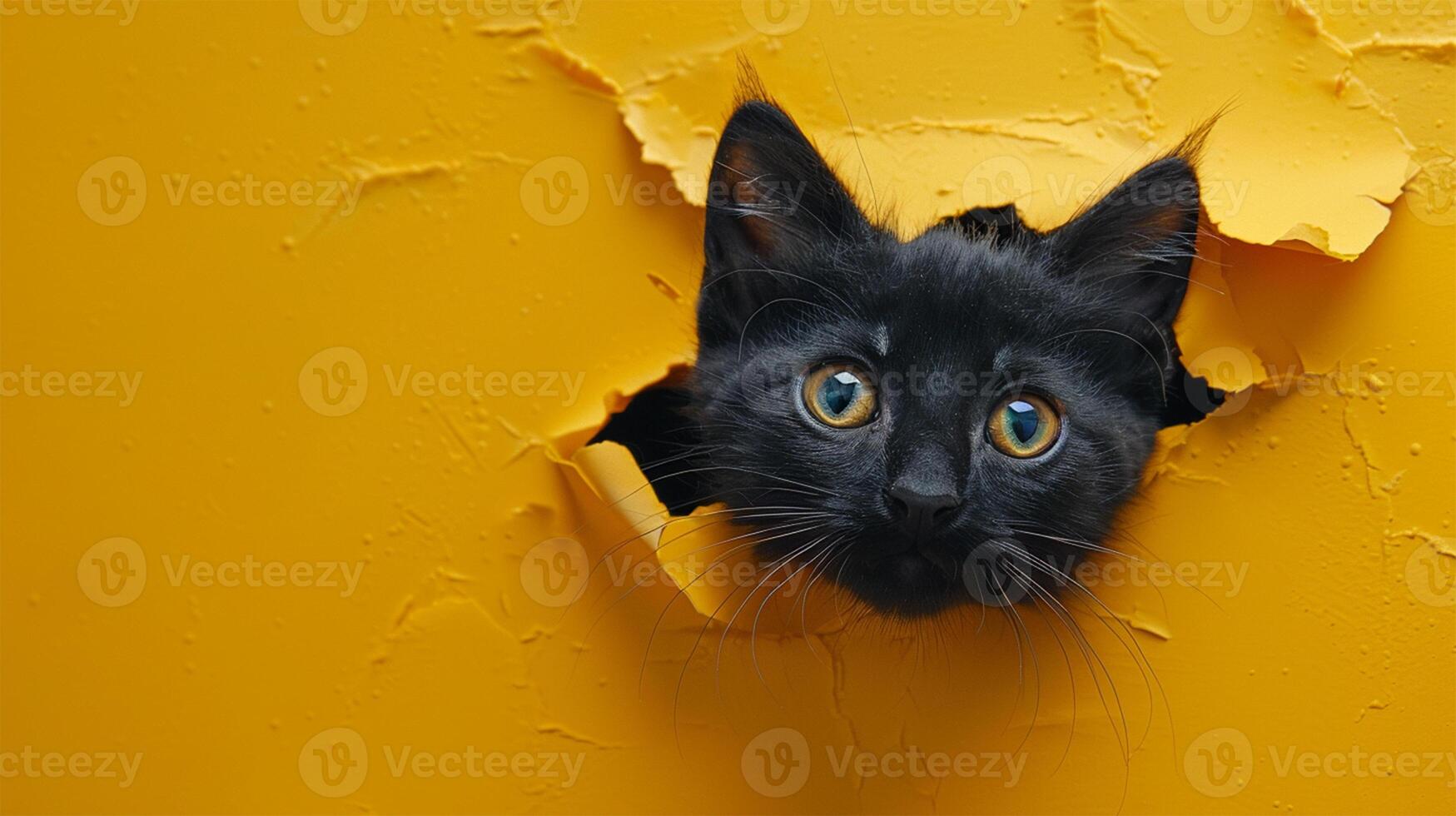 A curious black cat pokes its head through a hole in a bright yellow wall, creating a playful and eye-catching image.copy space photo