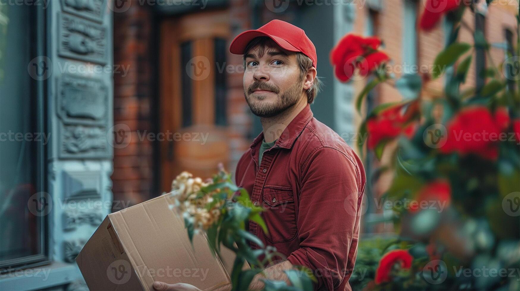 A delivery worker in a red cap and shirt is holding a package while standing outside a building. Red flowers in the foreground photo