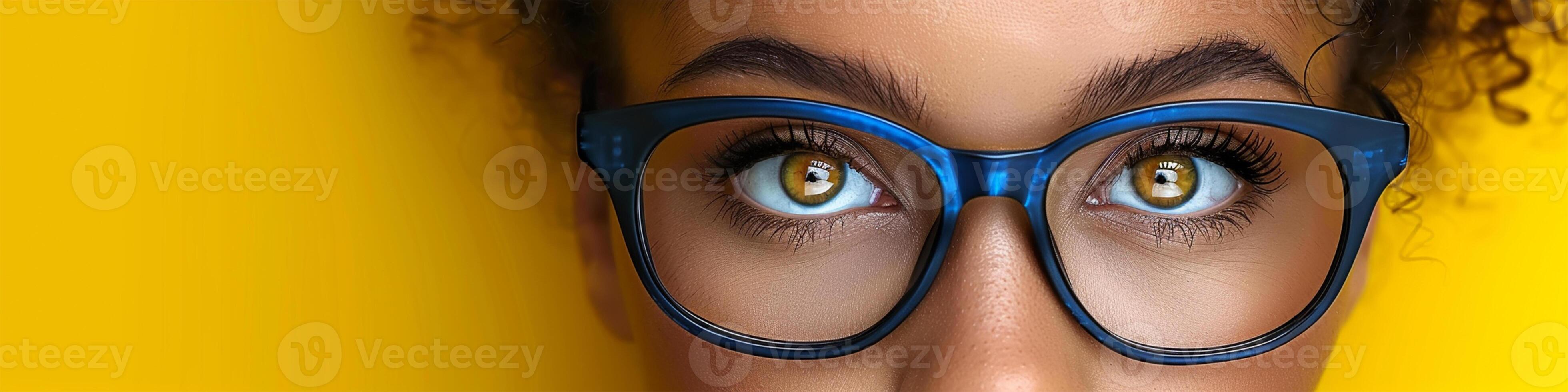 Close-up of a woman's eyes framed by blue glasses on a bright yellow background. copy space,banner photo
