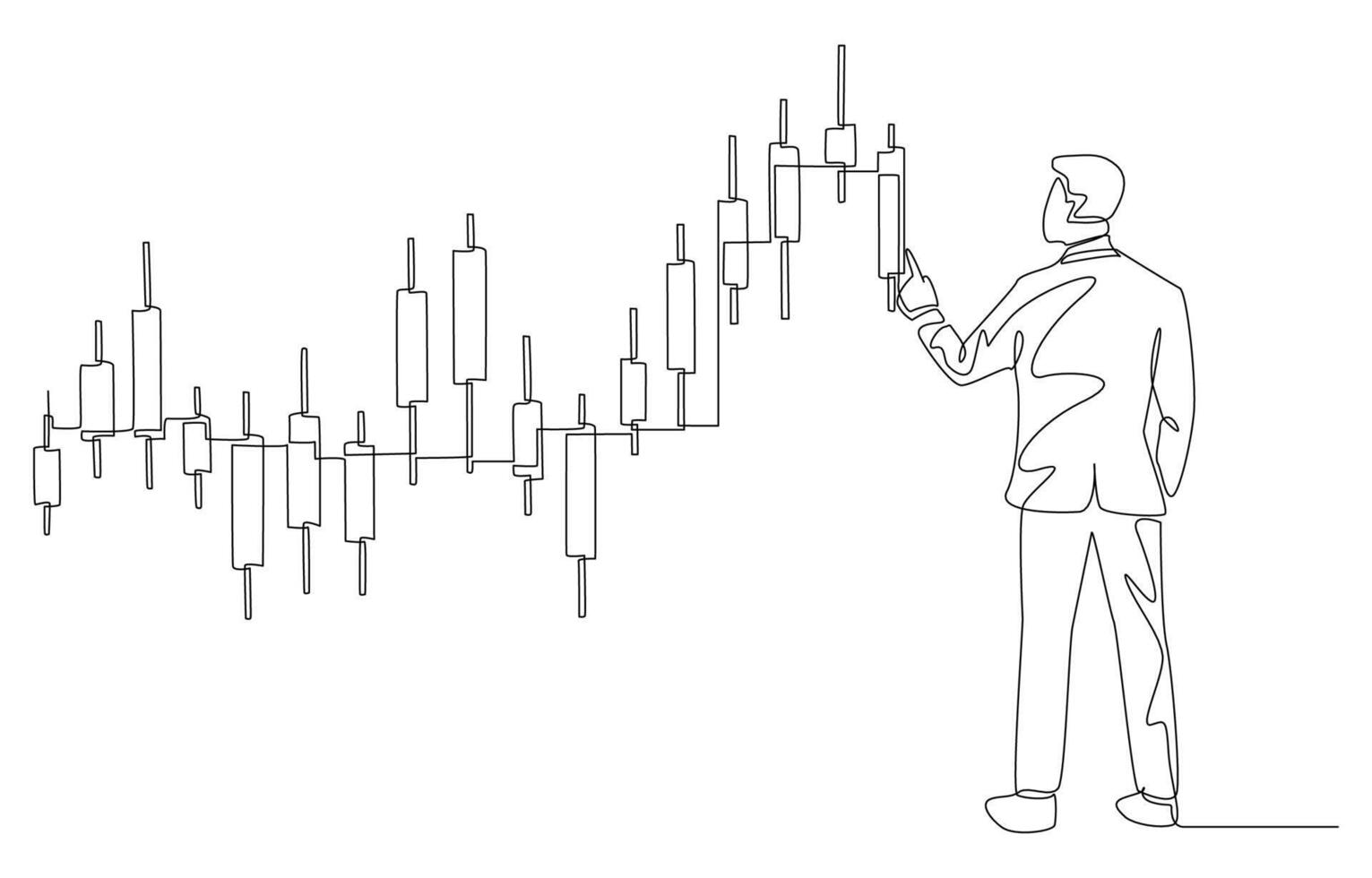 Continuous one line drawing of businessman looking at candlestick graph, investing in stock market, investor and speculation concept, single line art. vector